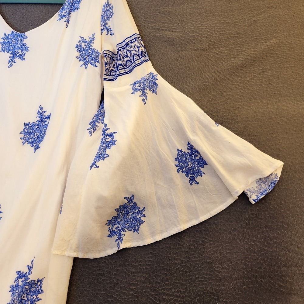 Pink Owl Tunic Mini Dress Sz S White Blue Floral Flared Bell Sleeve Boho Hippy - Picture 6 of 8